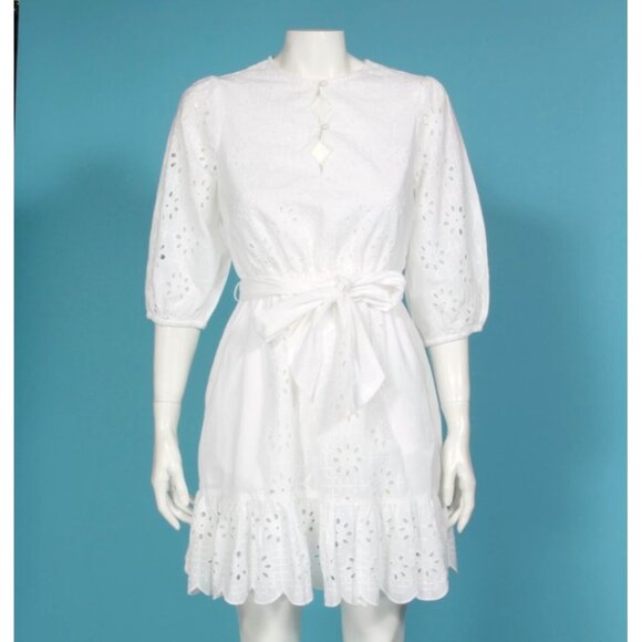 New J. CREW White Scalloped Ruffle Trim Tie Waist Eyelet Dress size XS NWT /926 - Picture 1 of 8